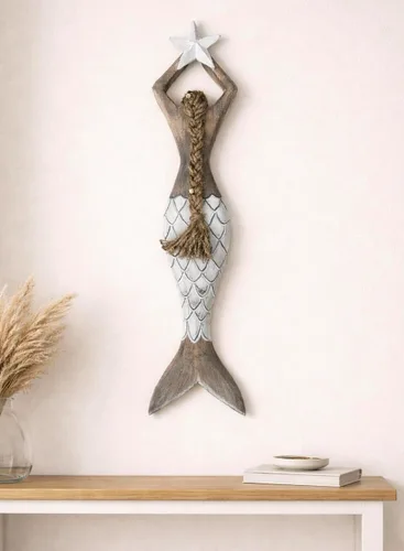 OMA Arte de pared de sirena para decoración del hogar, playa náutica costera, madera, sirena, estrella, estatua colgante, escultura para decoración