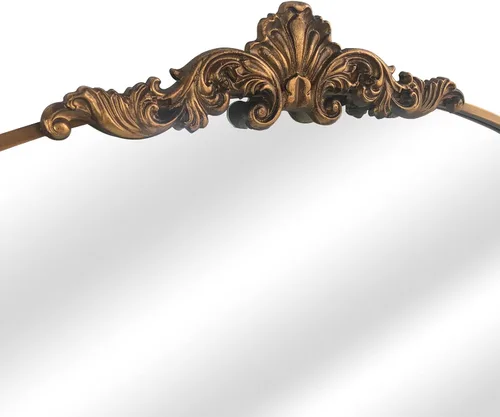 Miniatura 4 de OUSHUAI - Espejo arqueado dorado antiguo, bronce victoriano con marco de metal completo, espejo de pared arqueado para entrada/baño/chimenea 36"X30