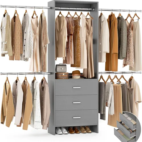Miniatura 10 de Aheaplus Sistema de Armario, Organizador de Armario con 3 Cajones de Madera, Sistema Organizador de Armario, Armario Walk-in con Perchero para Ropa