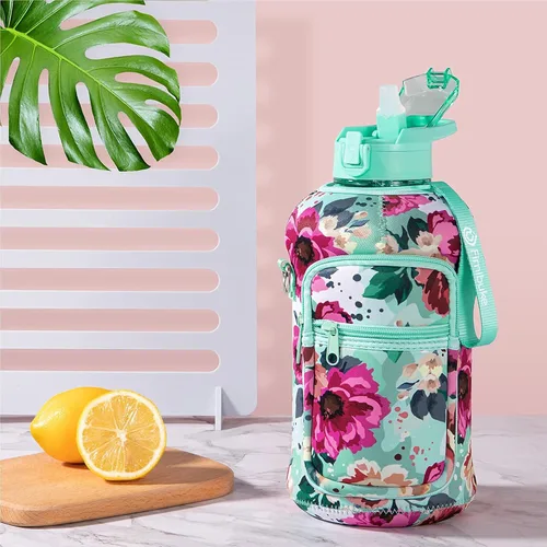 Miniatura 5 de Fimibuke Botella de agua de medio galón con funda, botella de agua de 64 onzas con asa y pajilla, a prueba de fugas, botella de agua motivacional