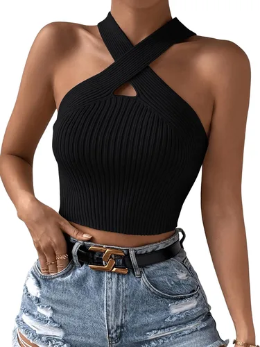 SweatyRocks Camiseta sin mangas casual con cuello halter cruzado para mujer, de punto acanalado