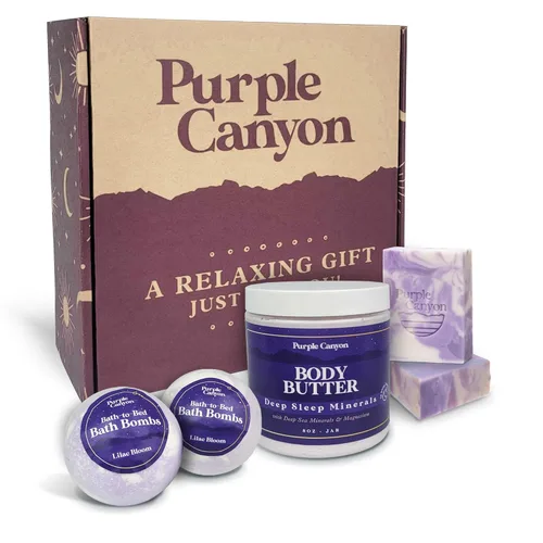 Purple Canyon Caja de regalo de 6 piezas de lavanda para baño a cama | Bombas de baño, jabón y mantequilla corporal infundidas con magnesio y