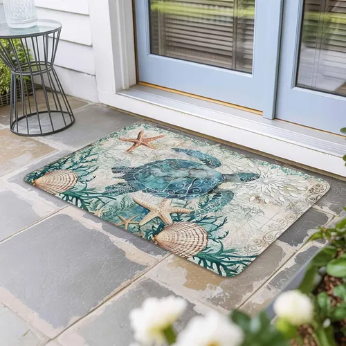 Miniatura 2 de Felpudo Mapa Náutico Tortuga Marina Azul Costera Tapetes de Bienvenida Alfombras Alfombra Exterior/Interior para Hogar/Oficina/Dormitorio, 18"x30
