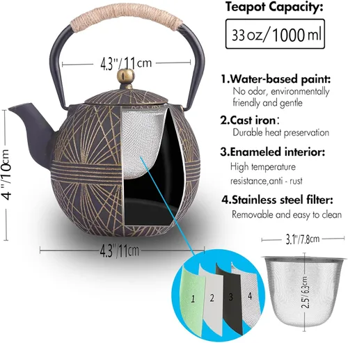 Miniatura 6 de Tetera de hierro fundido esmaltada 34oz (1000ml) - Hervidor de estilo japonés con infusor extraíble de acero inoxidable y mango ergonómico, seguro