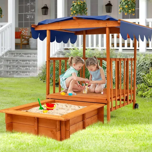 Miniatura 2 de Costzon Caja de Arena Retráctil para Niños con Toldo, Casa de Juegos Cabaña de Madera de Cedro con Área de Juego Grande, Ruedas Traseras