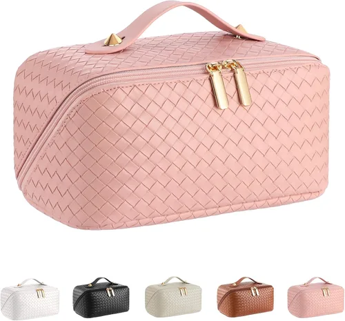 Miniatura 19 de Bolsa de cosméticos de viaje de gran capacidad - Bolsas de maquillaje portátiles para mujeres, impermeable, de cuero PU a cuadros, con organizador