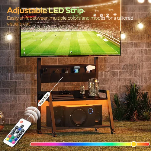 Miniatura 2 de YATINEY Soporte de TV móvil con toma de corriente, soporte de TV móvil con luz LED de hasta 55 pulgadas, carrito de TV con soporte, 5 bolsas de tela