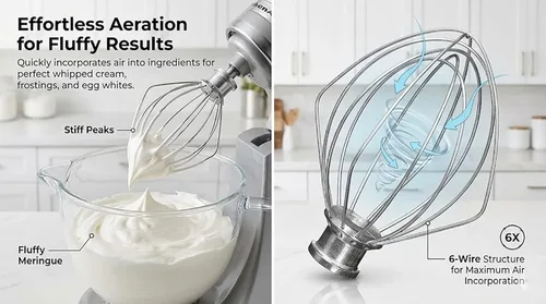 Miniatura 3 de Accesorio de batidor de 6 alambres compatible con batidora de pie KitchenAid de cabezal inclinable, reemplaza K45WW, acero inoxidable, batidor