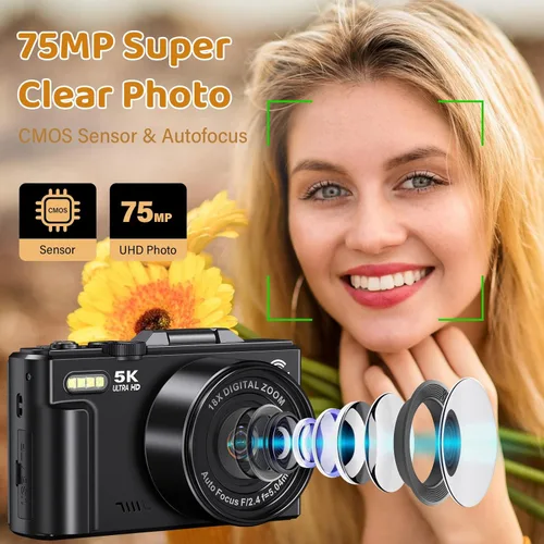 Miniatura 2 de Cámara digital 5K, cámaras WiFi para fotografía, cámaras de vlogging UHD de 75 MP para YouTube, cámara de video de enfoque automático con pantalla