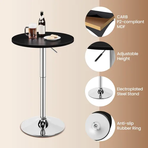 Miniatura 6 de Yaheetech Mesa de bar redonda, altura ajustable y mesas giratorias de 360°, mesa de cóctel con parte superior de MDF, base de patas plateada