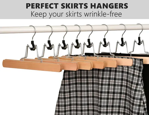 Miniatura 7 de Amber Home Paquete de 10 perchas de madera natural para pantalones, perchas de madera con terciopelo acolchado antideslizante, ganchos