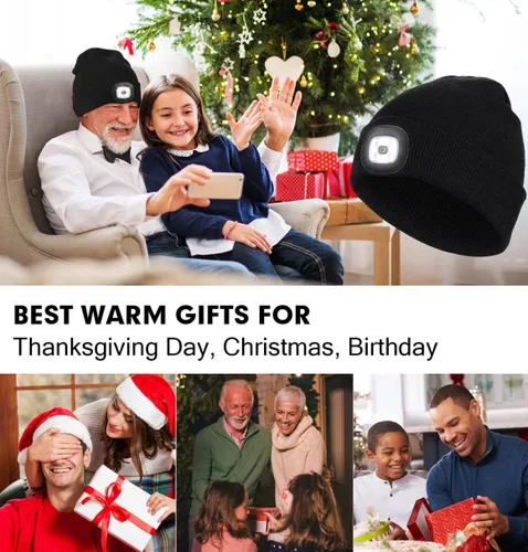 Miniatura 15 de CENSGO Gorro unisex con luz LED recargable por USB, regalos para papá, padre, hombres, marido, cálido gorro de punto