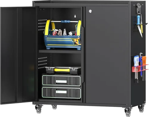Miniatura 14 de Armario de pared de garaje de metal con puerta abatible hacia arriba, cabenit de herramientas flotante negro con estante ajustable, armarios