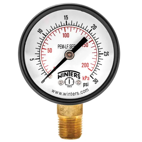 Miniatura 5 de Winters - Medidor de presión en seco de utilidad económica, interior de latón potable, caja de acero, escala doble 0-160 psi/kPa, 3-2-3%