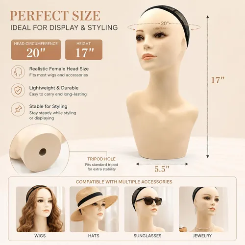 Miniatura 3 de Forma de cabeza de maniquí femenino de 17 pulgadas con pestañas y labios, soporte de exhibición para pelucas, sombreros, joyas