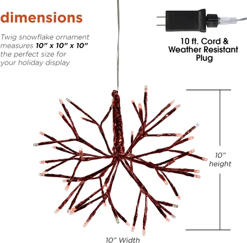 Miniatura 3 de Alpine Corporation Adorno de copo de nieve colgante en 3D de ramita de Navidad para interiores de 10 pulgadas de alto, con luces LED, rojo, Rojo