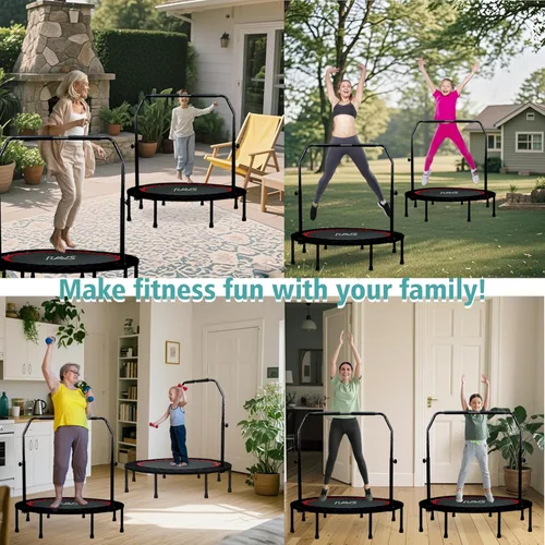Miniatura 2 de RAVS Mini Trampolín para Niños y Adultos de 40"/48" Plegable de Fitness Reboteador Trampolín para Niños con Manija Ajustable en Altura de 5 Niveles