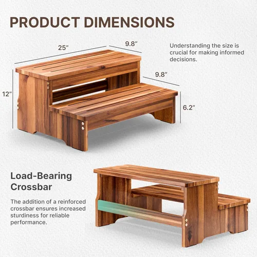 Miniatura 2 de TINAMO Taburete de 25 pulgadas de largo para adultos y niños, taburete de dos escalones de madera de acacia, 500 libras, elevador de madera de 2