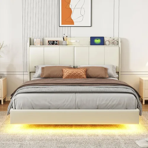 Base de cama flotante de tamaño Queen, con luces LED de ambiente y carga USB, base de cama LED moderna tapizada de poliuretano con plataforma LED,