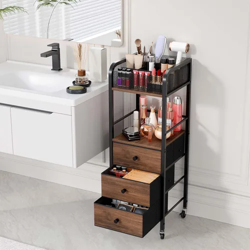 Miniatura 8 de HapiRm Organizador de Carrito de Maquillaje Rodante - Almacenamiento de Maquillaje y Cuidado de la Piel de Piso con 3 Cajones de Tela No Tejida