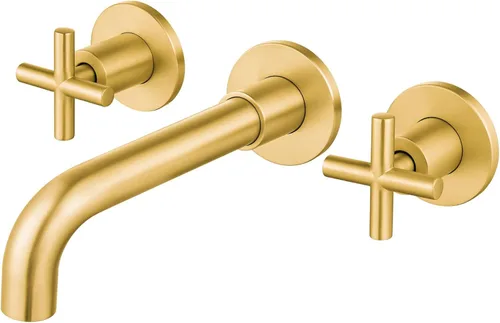 Airuida Grifo de baño de latón macizo con boquilla giratoria 360 para lavabo montado en la pared, grifo mezclador de lavabo con válvula áspera y Oro