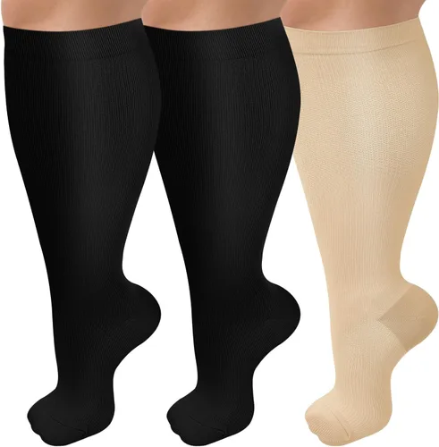 Miniatura 14 de Paquete de 3 calcetines de compresión de talla grande para mujeres y hombres, medias extra anchas de pantorrilla hasta la rodilla para soporte