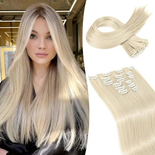 Miniatura 9 de LONAI 6 extensiones de cabello con clip, 24 pulgadas de largo, lacio, sintético, postizo para mujer, rubio ceniza natural