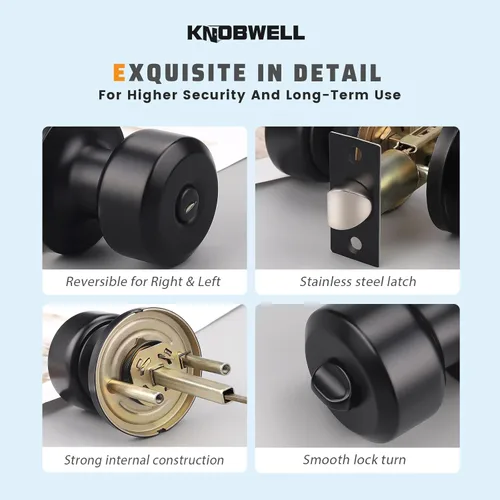 Miniatura 6 de KNOBWELL - Paquete de 6 manijas de privacidad para puerta, color negro mate, con cerradura, para baño