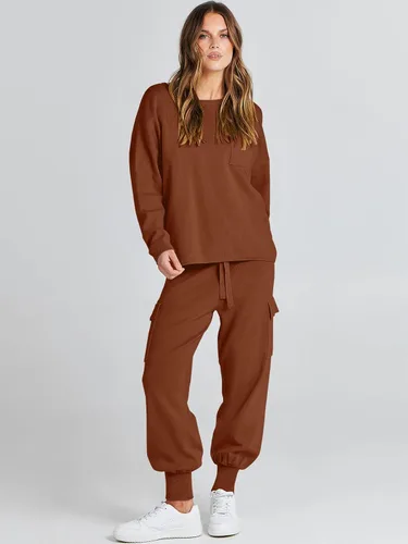 Miniatura 7 de Caracilia Conjunto de dos piezas para mujer, suéter de punto de manga larga y pantalones deportivos tipo cargo