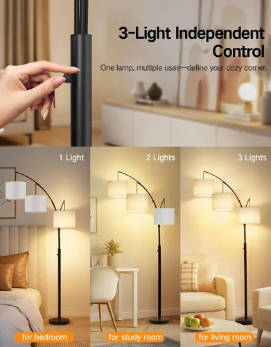 Miniatura 3 de OUTON Lámpara de pie LED de arco, lámpara de pie alta moderna negra de 3 luces para dormitorio, 2400lm lámparas de esquina de pie ajustables