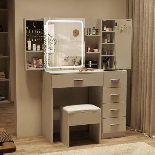 Miniatura 6 de Fameill Escritorio blanco con espejo y luces, juego de mesa de tocador de maquillaje con tira de alimentación y armario deslizante, tocador