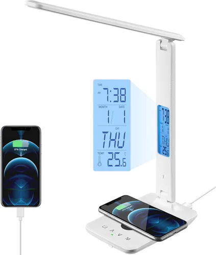 Miniatura 9 de Lámpara de escritorio LED con cargador inalámbrico, puerto de carga USB, lámpara de mesa con reloj, alarma, fecha, temperatura, lámparas de Negro