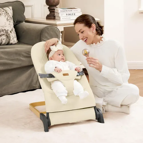 Miniatura 6 de Mecedora plegable para bebé, asiento de bebé con 3 alturas ajustables, balancín portátil para recién nacido, asiento ergonómico para rebote natural