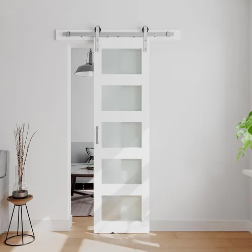 Miniatura 11 de Puerta corrediza de granero de vidrio de 5 paneles de 42 x 84 pulgadas con kit de herrajes de 7 pies incluido, fácil montaje con agujeros Blanco