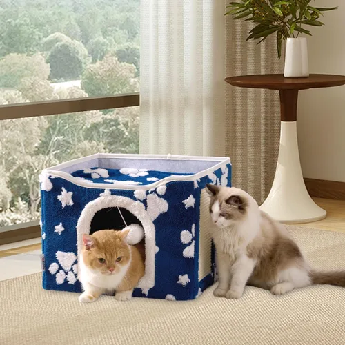 Miniatura 7 de Casas para gatos de interior, bonita cueva para gatos con bola esponjosa para colgar y almohadilla para rascar, escondite plegable para gatitos, 17