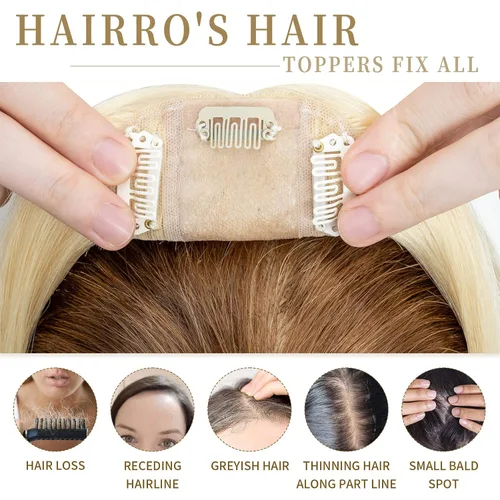 Miniatura 5 de Hairro Toppers de cabello humano 100% real para mujeres sin flequillo, postizos de cabello real con clip, base de seda transpirable para cubrir