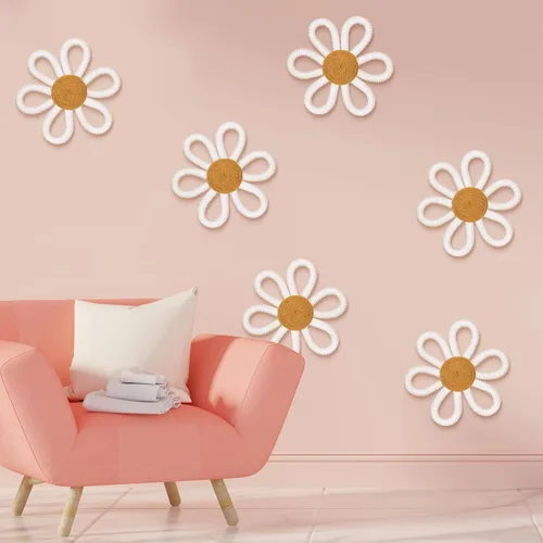 Miniatura 3 de Zeyune 6 piezas de decoración de pared de margaritas bohemias tejidas en macramé, frontones de pared bohemios, margaritas florales, decoración