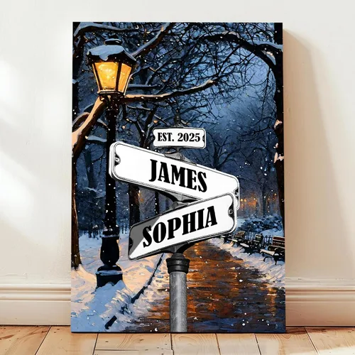 Miniatura 20 de Póster de Lienzo de Señal de Calle Vintage con Nombre Personalizado para Pareja, Póster de Lienzo de Señales de Calle de Encrucijada con Fecha