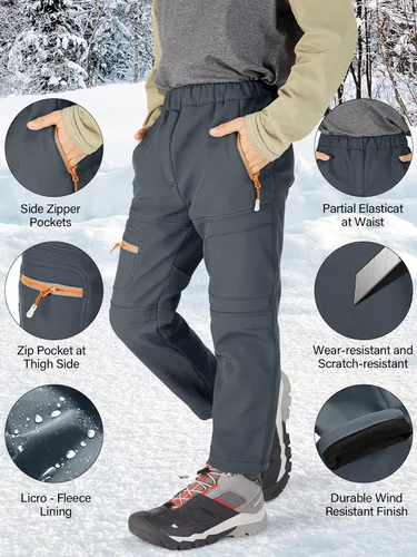 Miniatura 17 de linlon Pantalones impermeables para la nieve para niños y niños, forro polar lind para senderismo, softshell, cálidos, con aislamiento térmico