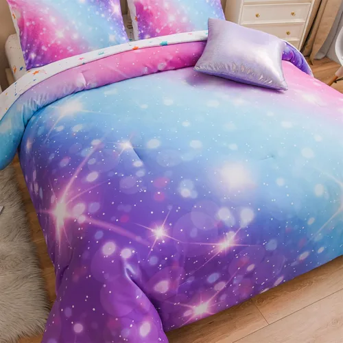 Miniatura 9 de A Nice Night Juego de ropa de cama de 6 piezas con gradiente de purpurina para niñas de tamaño completo, juego de edredón de arcoíris y galaxia