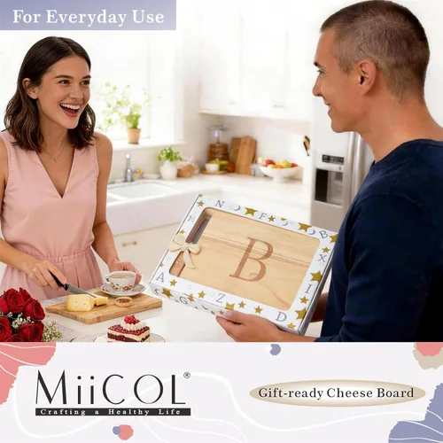 Miniatura 7 de Miicol Tabla de madera para charcutería, tabla de queso con monograma de 10 pulgadas, tabla de cortar inicial personalizada con esparcidor, regalo