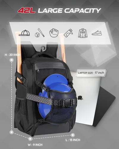 Miniatura 3 de Mochila grande de béisbol para adultos y jóvenes, bolsa de bate de sóftbol de 42L con casco ajustable desmontable con bolsillo de malla, ajuste