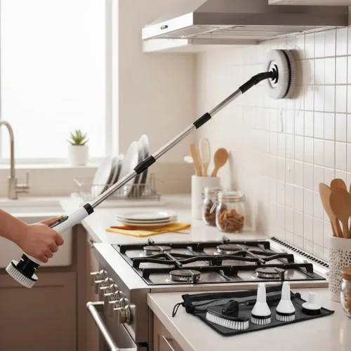Miniatura 9 de Limpiador eléctrico inalámbrico giratorio – IPX7 impermeable, pantalla LCD, 8 cabezales de cepillo, mango de extensión ajustable, para ducha