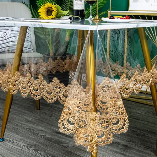 Miniatura 11 de Mantel redondo de plástico transparente, impermeable, de vinilo, PVC, bordado, borde de encaje, transparente, para cocina, uso en exteriores e