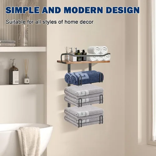 Miniatura 7 de NearMoon Toallero con estante de madera, soporte organizador de toallas de metal inoxidable para almacenamiento de baño, montado en la pared