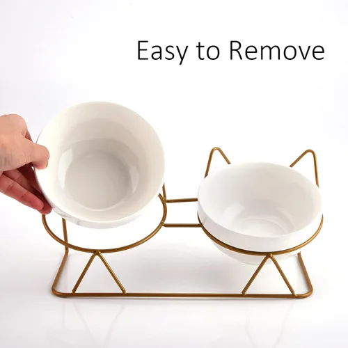 Miniatura 7 de Trosetry Cuencos para gatos, cuencos dobles de cerámica para mascotas con soporte elevado inclinado 15° para alimentos y agua, comedero antivómito