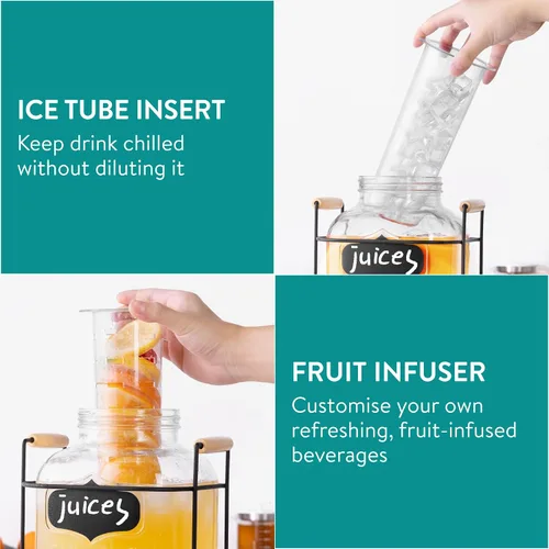 Miniatura 6 de Navaris Dispensador de bebidas en tarro de vidrio con grifo, incluye soporte de metal, tubo de hielo e infusor de frutas, para cóctel, limonada