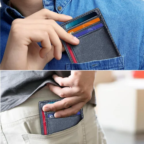 Miniatura 3 de AMEHA Cartera minimalista delgada para hombre, bolsillo frontal, de cuero real, con bloqueo RFID, tarjetero de crédito comercial con ventana