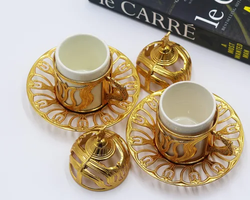 Miniatura 3 de Kuchengerate - 2 tazas de café turco, griego, árabe, marroquí, taza de café expreso con placa interior de soporte de metal de porcelana y tapa, 2