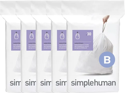 simplehuman Code B 150 unidades, paquetes dispensadores de forros personalizados, bolsas de basura con cordón, 6 litros/1.6 galones, color blanco